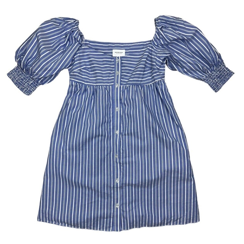 WHO WHAT WEAR Womens Puff Shoulder Striped Mini Dress Size S Square Neck Babydol